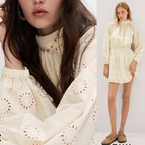 Mango Cotton Eyelet Embroidered Long-Sleeve High-Neck Mini Dress Size 8